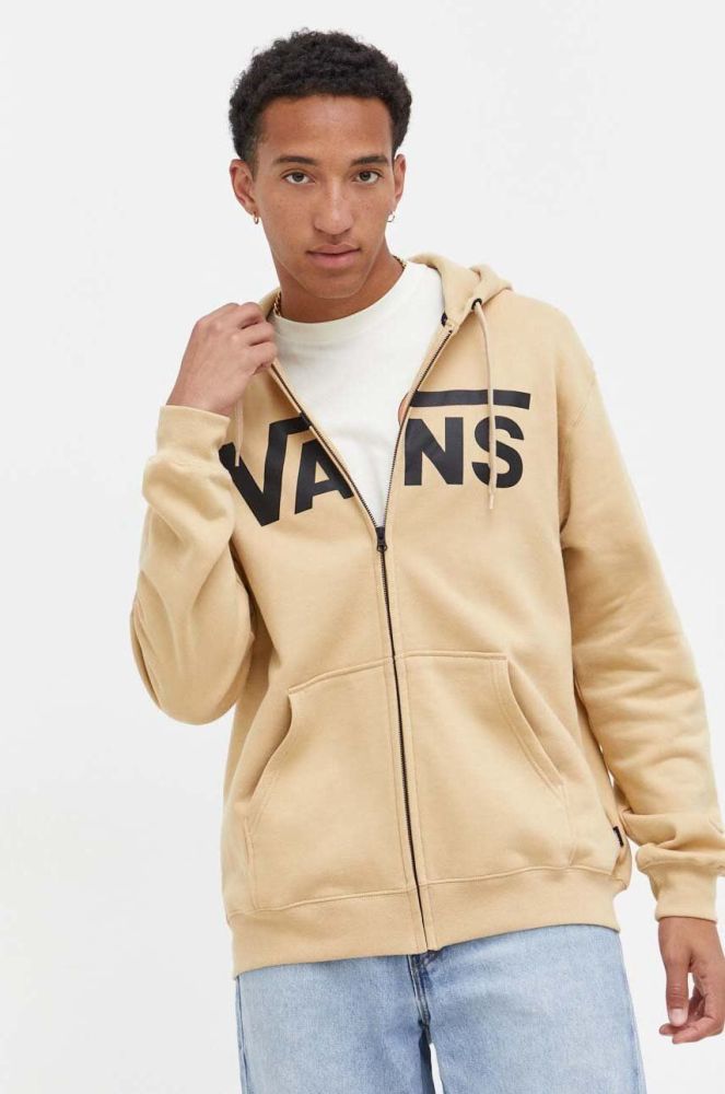Бавовняна кофта Vans чоловіча колір бежевий з капюшоном з принтом (3476906)