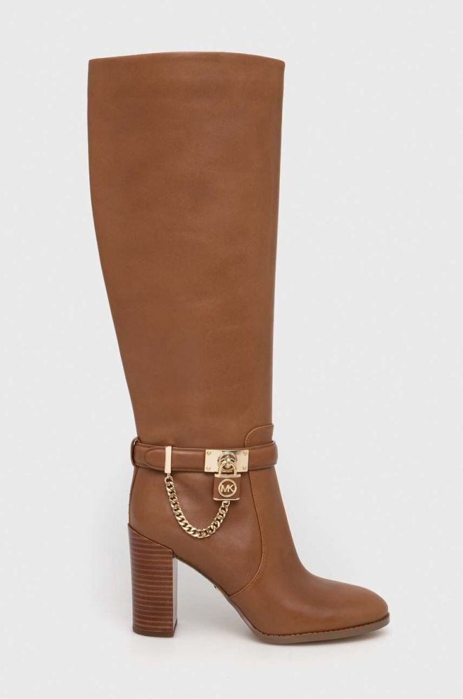 Шкіряні чоботи MICHAEL Michael Kors Hamilton жіночі колір коричневий каблук блок 40F3HAHB5L