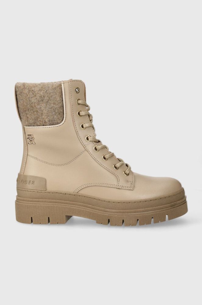 Шкіряні черевики Tommy Hilfiger FEMININE FELT LACE UP BOOTIE жіночі колір бежевий на плоскому ходу утеплене FW0FW07500