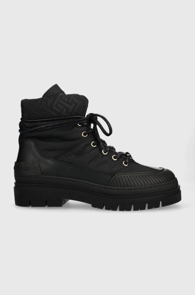 Черевики Tommy Hilfiger TH MONOGRAM OUTDOOR BOOT жіночі колір чорний на плоскому ходу утеплене FW0FW07502