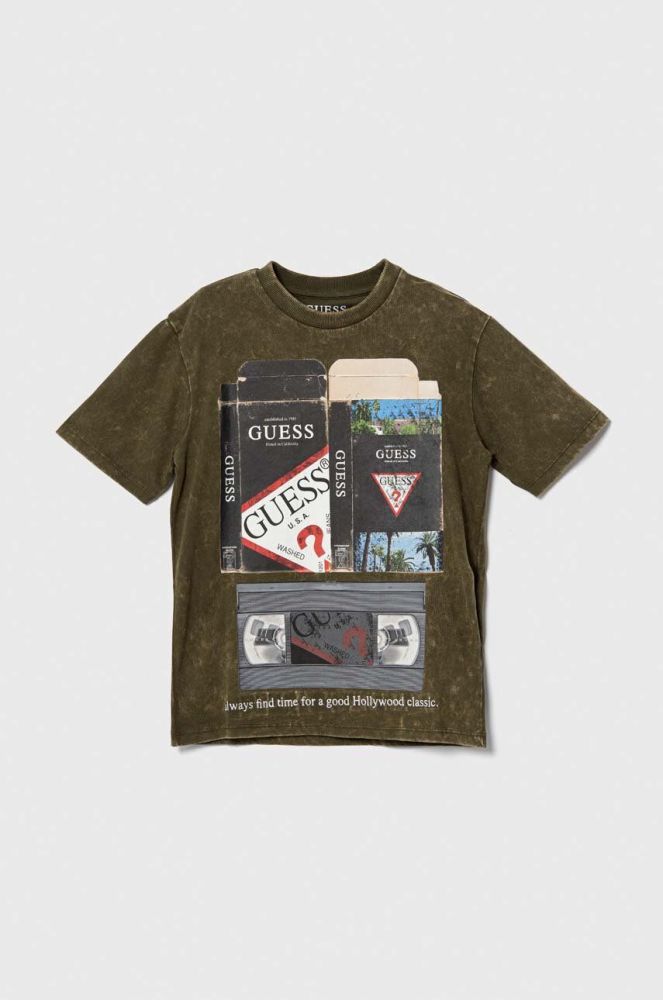 Дитяча бавовняна футболка Guess колір зелений з принтом (3586401)