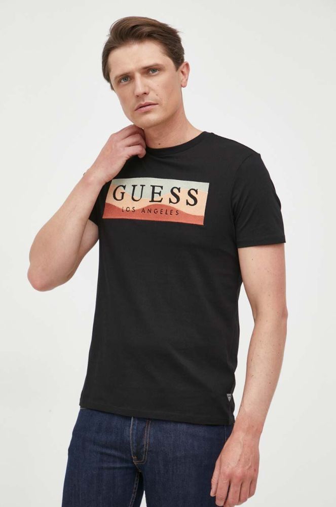 Бавовняна футболка Guess колір чорний візерунок (3313887)