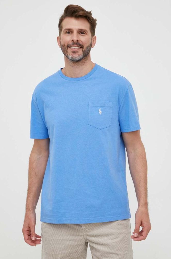 Футболка з домішкою льону Polo Ralph Lauren однотонний колір блакитний