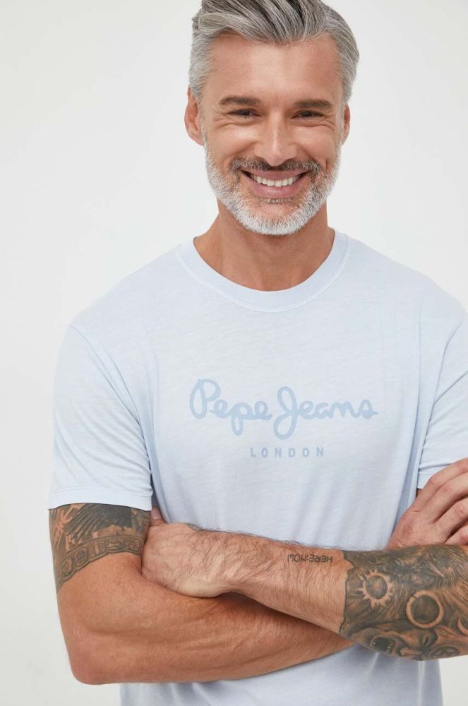 Бавовняна футболка Pepe Jeans JAYDEN з принтом колір блакитний