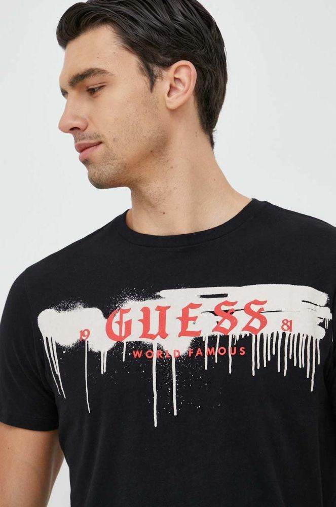 Бавовняна футболка Guess колір чорний з принтом (2871589)