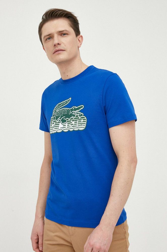 Бавовняна футболка Lacoste колір синій з принтом (3096316)