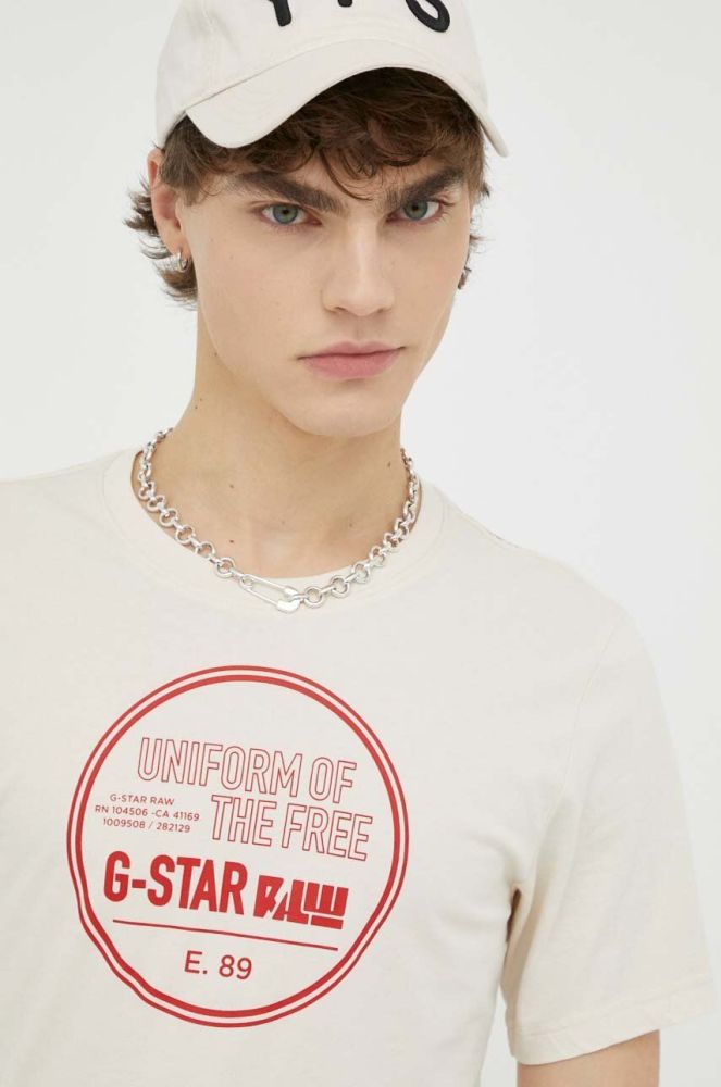 Бавовняна футболка G-Star Raw колір бежевий з принтом (3239428)